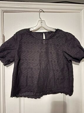 100% Cotton People Classic Eyelet Short Sleeve Top in Black Size Large